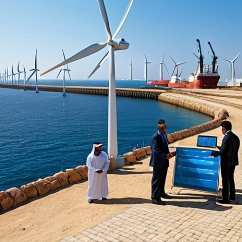 Home 6 **
"A bustling harbor scene. In the foreground, local community members are participating in a training workshop about offshore renewable energy jobs. Behind them, a modern offshore wind farm stretches into the horizon, with a clear blue sky. Include Arabic signage and cultural elements to reflect the intended audience. Focus on a sense of opportunity and progress."
**