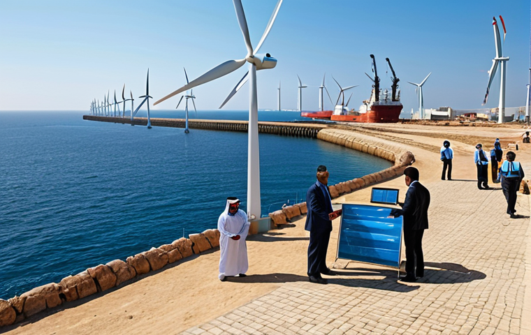 **
"A bustling harbor scene. In the foreground, local community members are participating in a training workshop about offshore renewable energy jobs. Behind them, a modern offshore wind farm stretches into the horizon, with a clear blue sky. Include Arabic signage and cultural elements to reflect the intended audience. Focus on a sense of opportunity and progress."
**