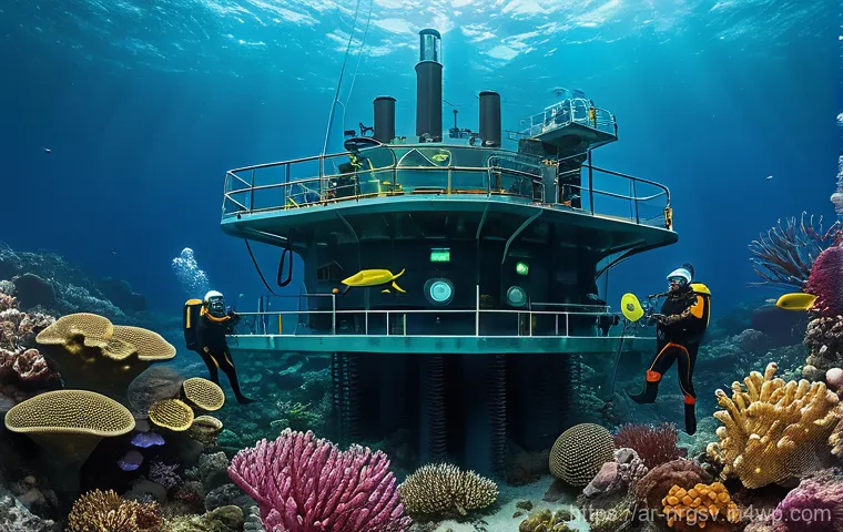 해양 재생에너지의 환경적 영향 평가 - **Prompt 2: Observing Marine Life Near Offshore Structures**
    "A captivating deep-sea view portra...