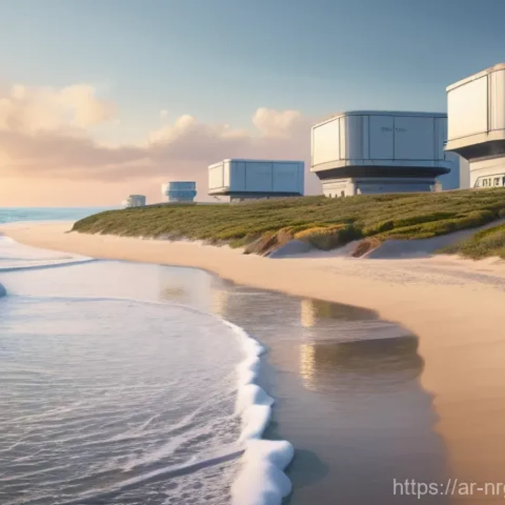 해양 재생에너지의 환경적 이점 - **A serene coastal landscape at sunrise, reminiscent of the Arabian Gulf's clear waters and vast sho...