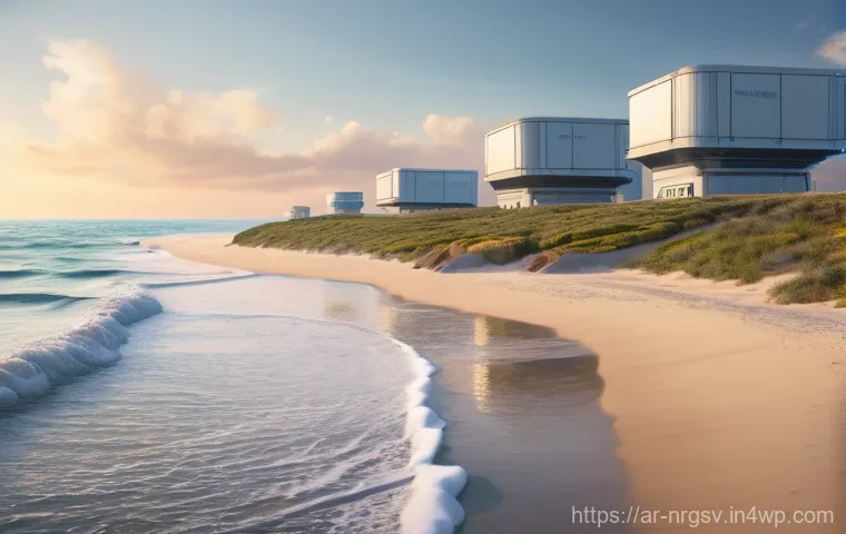 해양 재생에너지의 환경적 이점 - **A serene coastal landscape at sunrise, reminiscent of the Arabian Gulf's clear waters and vast sho...
