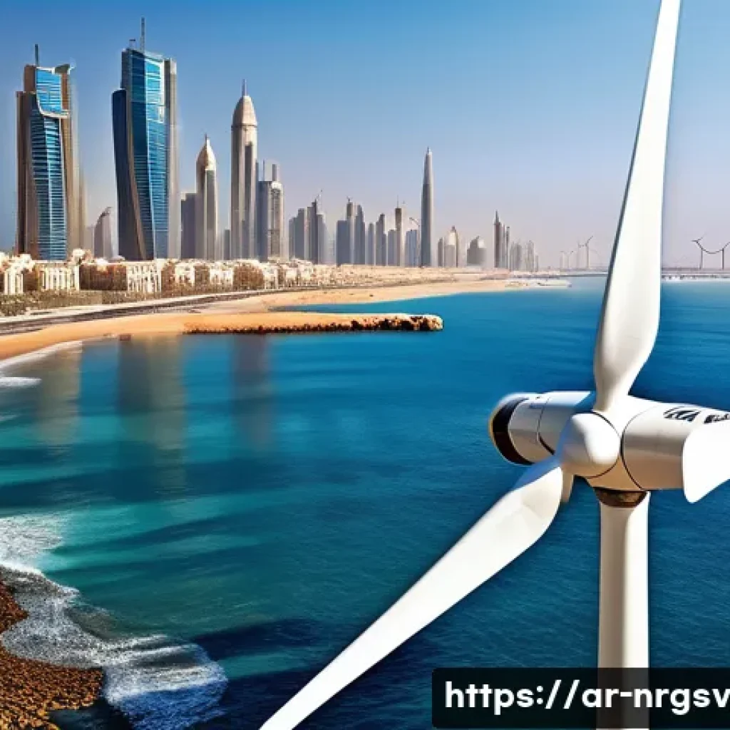 해양 재생에너지의 구조적 변화 - A detailed scene of a modern marine energy turbine installation off the coast of an Arabian seaside ...