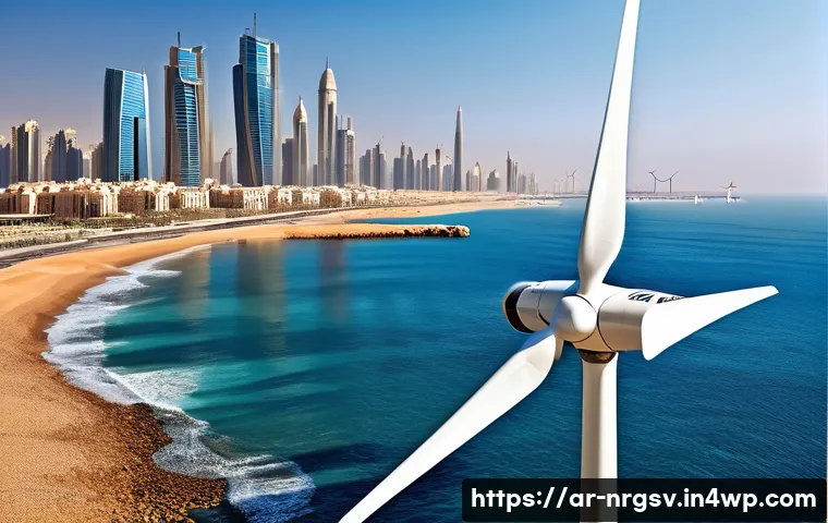 해양 재생에너지의 구조적 변화 - A detailed scene of a modern marine energy turbine installation off the coast of an Arabian seaside ...
