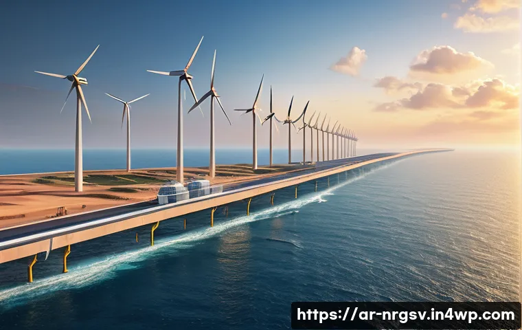 해양 재생에너지의 비용 절감 전략 - A highly detailed, futuristic offshore renewable energy station on a calm sea near an Arabian coastl...