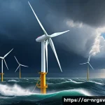 해양 재생에너지의 생산성 향상 전략 - A futuristic offshore wind turbine with sleek, aerodynamically optimized carbon fiber blades rotatin...