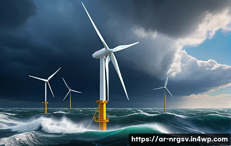 해양 재생에너지의 생산성 향상 전략 - A futuristic offshore wind turbine with sleek, aerodynamically optimized carbon fiber blades rotatin...