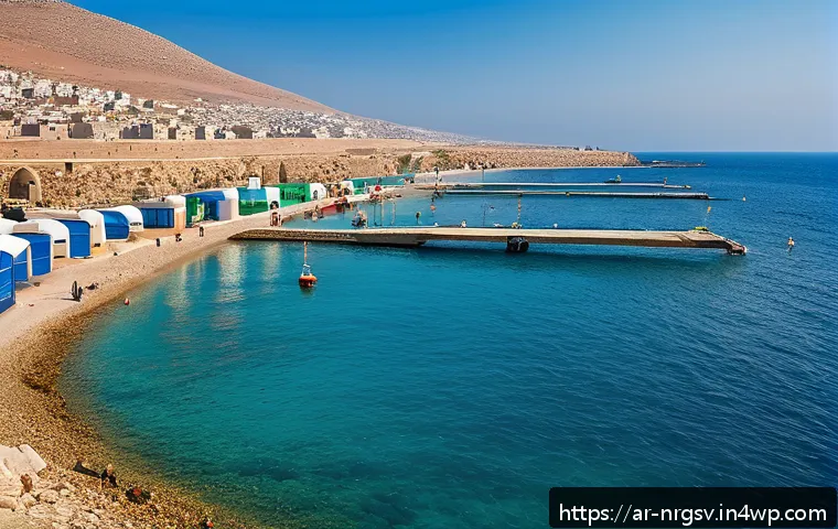 해양 재생에너지의 지역적 특성 연구 - A vibrant coastal village in North Africa featuring a modern marine renewable energy wave power stat...