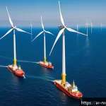 해양 재생에너지의 국제 협력 사례 - A highly detailed and realistic offshore wind farm located in the North Sea, featuring numerous larg...