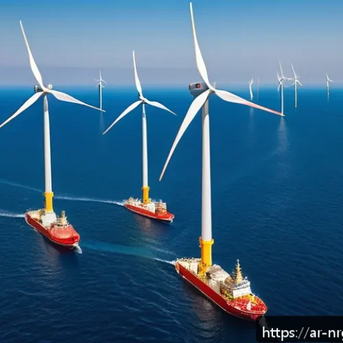 해양 재생에너지의 국제 협력 사례 - A highly detailed and realistic offshore wind farm located in the North Sea, featuring numerous larg...
