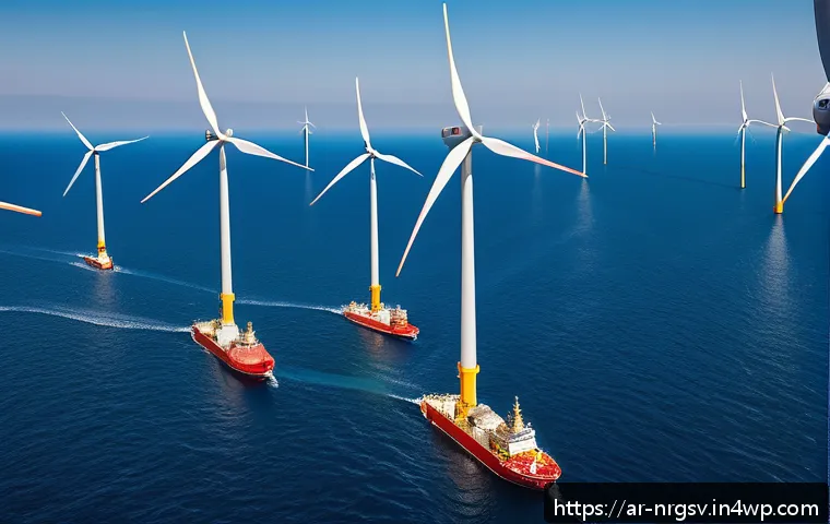 해양 재생에너지의 국제 협력 사례 - A highly detailed and realistic offshore wind farm located in the North Sea, featuring numerous larg...