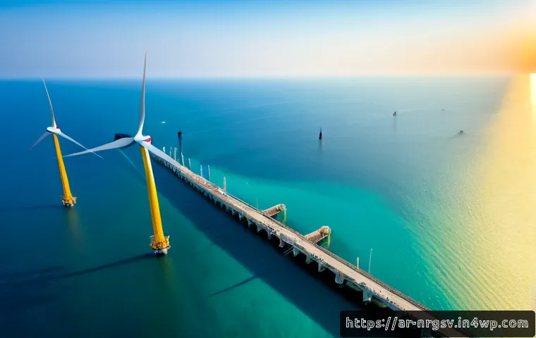 해양 재생에너지의 기후 변화 완화 효과 - Photorealistic wide aerial view of offshore wind turbines and tidal energy platforms in clear turquo...