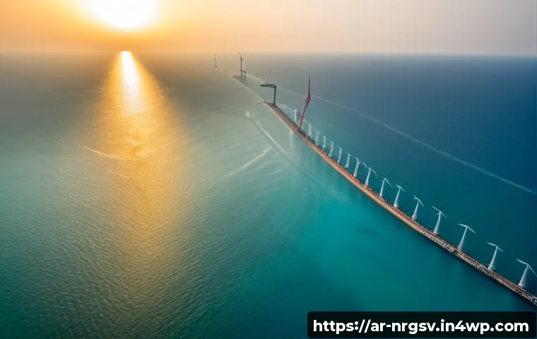 해양 재생에너지의 글로벌 경쟁력 분석 - Photorealistic wide aerial view of a modern offshore renewable energy site in the Arabian Gulf, slee...