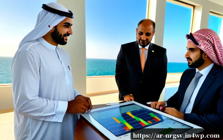 해양 재생에너지의 혁신적 자금 조달 방법 - Photorealistic Gulf Coast renewable energy financing meeting, Arab investment professionals in modes...