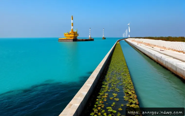 해양 재생에너지의 기후 변화 적응 전략 - Photorealistic coastal climate adaptation scene on a sunlit Arabian Gulf shoreline, offshore wind tu...