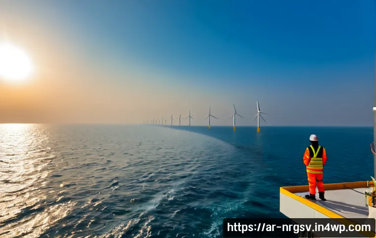 해양 재생에너지의 미래 기술 전망 - Photorealistic sunrise over the Arabian Gulf, advanced floating offshore wind turbines and wave-ener...